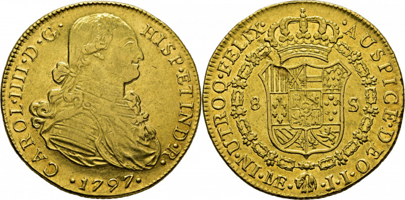 CARLOS IV. Lima. 8 escudos. 1797. JI. Importante variante, por disposición de la...