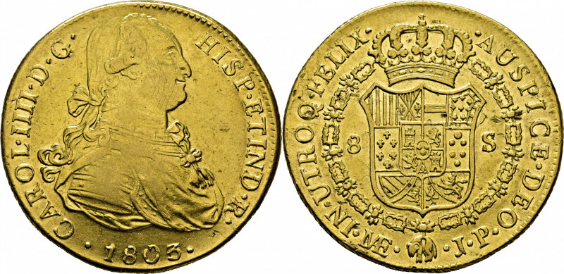 CARLOS IV. Lima. 8 escudos. 1803. JP. Cy14570. Usuras y finas rayitas. Rayas en ...