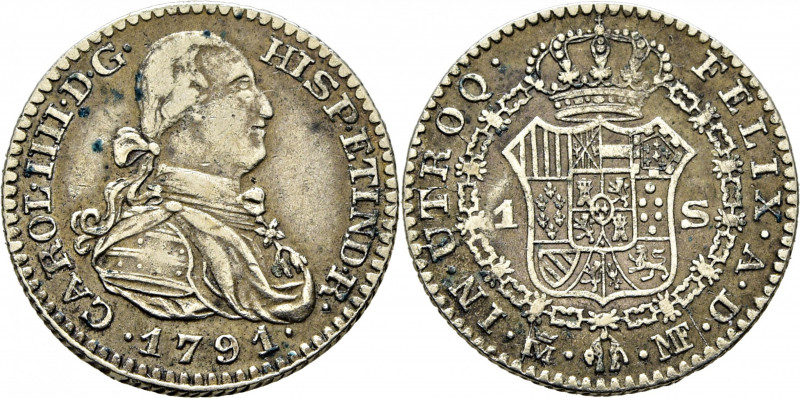 CARLOS IV. Madrid. 1 escudo. 1791. MF. Falsa de época en plata. 1´8 g. Alguna ra...