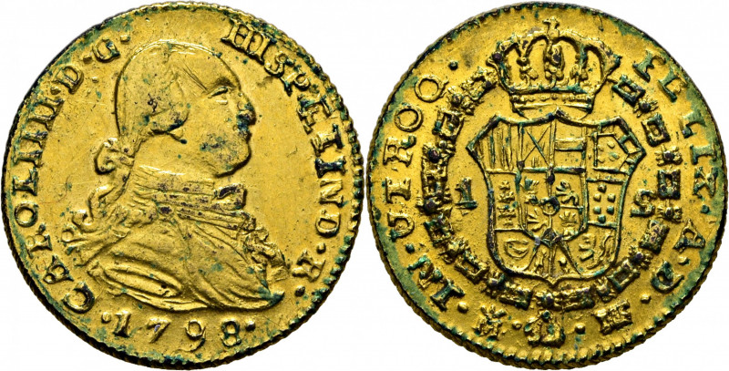 CARLOS IV. Madrid. 1 escudo. 1798. MF. Falsa de época en cobre, con todo su dora...