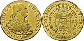 Madrid. 2 escudos. 1794 sobre 3. MF. SC-. Magníficao. Soberbio reverso. Rara
