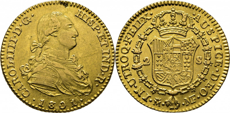 CARLOS IV. Madrid. 2 escudos. 1801 sobre 1791. MF. Cy no cita. Suaves y finísima...