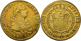 Madrid. 2 escudos. 1801 sobre 1791. FA pequeñas. MBC+/EBC-. Atractivo tono rojizo