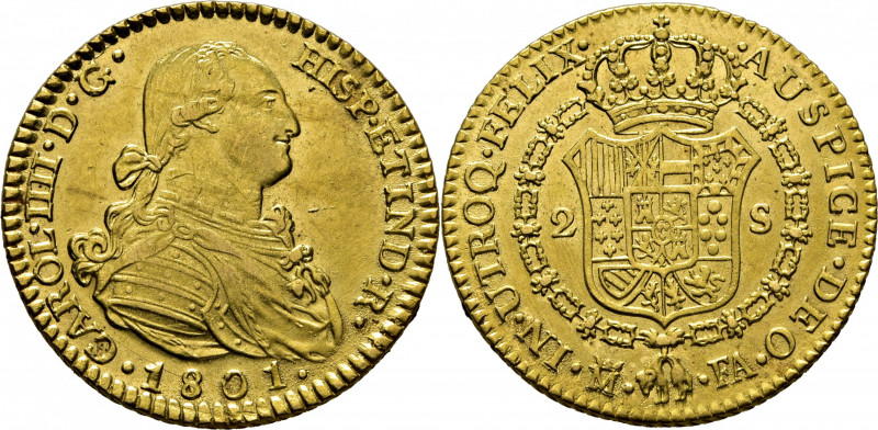 CARLOS IV. Madrid. 2 escudos. 1801. FA. Cy14248. Leves suaves y finísimas rayita...