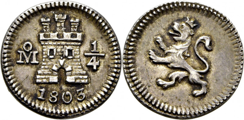 CARLOS IV. Méjico. 1/4 de real. 1803. Cy13177. E.M. Ortiz621. 0,83 g. Mínima ray...