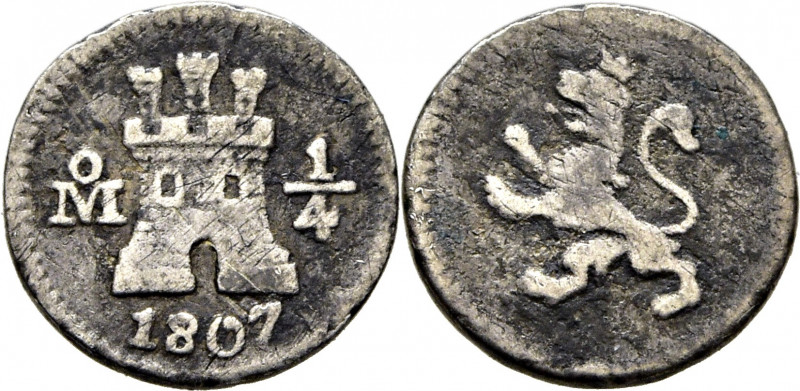 CARLOS IV. Méjico. 1/4 de real. 1807. Cy13202. E.M. Ortiz625. 0,78 g. Oxidacione...