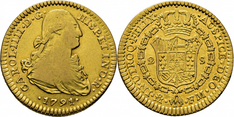 CARLOS IV. Méjico. 2 escudos. 1791. FM. Cy14164. Suaves finas rayitas. Acuñación...