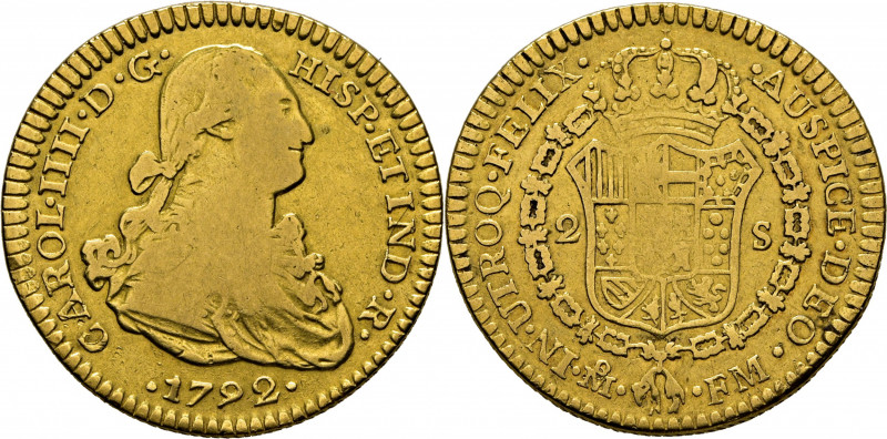 CARLOS IV. Méjico. 2 escudos. 1792. FM. Marca de ceca sobre otra dislocada. Cy14...