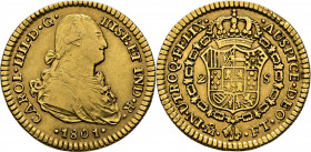 Méjico. 2 escudos. 1801. FT. Atractivo. Muy escasa