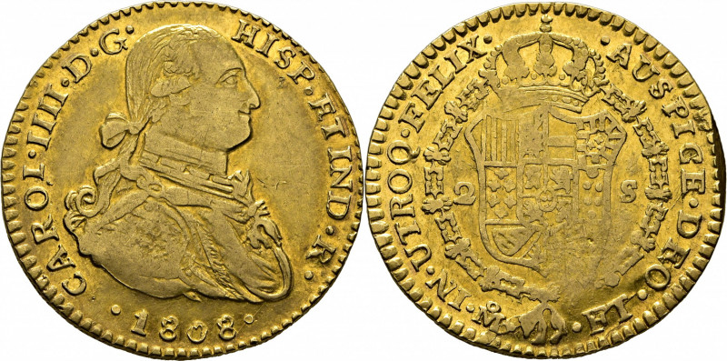 CARLOS IV. Méjico. 2 escudos. 1808. FT. Falsa de época en oro. 6´6 g. Rayitas y ...