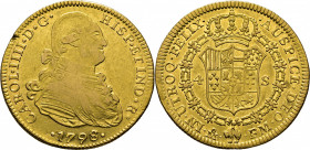 Méjico. 4 escudos. 1798 sobre 7. FM. EBC-/EBC. Atractivo. Notable reverso. Escasa