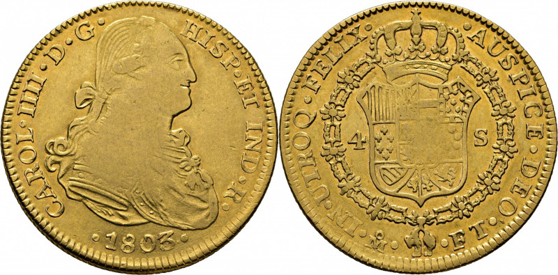 CARLOS IV. Méjico. 4 escudos. 1803 sobre 2. FT. Cy14407. Suaves y finas rayitas....