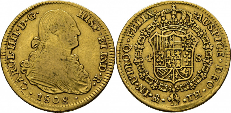 CARLOS IV. Méjico. 4 escudos. 1808 sobre 0. TH. Cy no la cita. Marquitas. Suaves...