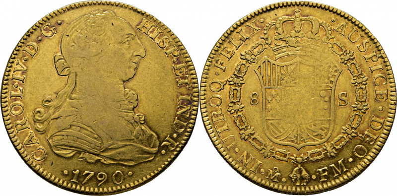 CARLOS IV. Méjico. 8 escudos. 1790. FM. Con busto de Carlos III y ordinal IV. Cy...