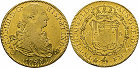 Méjico. 8 escudos. 1793 sobre 2. FM. EBC+/SC-. Atractivo. Soberbio reverso. Muy escasa