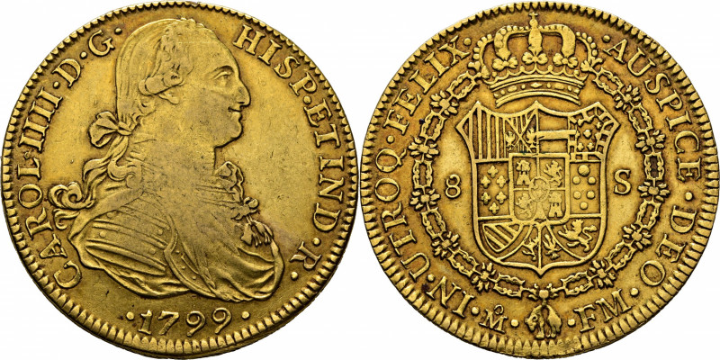 CARLOS IV. Méjico. 8 escudos. 1799. FM. Cy14533. Usuras. Suaves y finas rayitas....