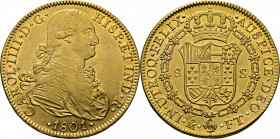 Méjico. 8 escudos. 1801 sobre 0. FT. EBC-/EBC+. Bello ejemplar. Notable reverso. Muy escasa