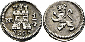 Nuevo Reino. 1/4 de real. 1805. EBC o algo mejor. Muy buen ejemplar. El mejor que conocemos. Rara