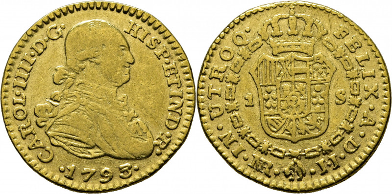 CARLOS IV. Nuevo Reino. 1 escudo. 1793. JJ. Cy14032. Marquitas y rayitas. Canto ...