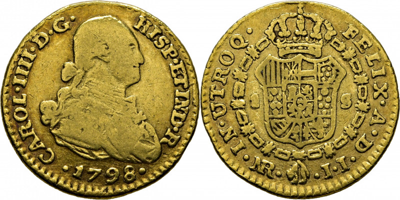 CARLOS IV. Nuevo Reino. 1 escudo. 1798 rectificado sobre 98. JJ. Cy14068. Marqui...