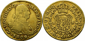 Nuevo Reino. 1 escudo. 1802 sobre 1 y el 8 parece estar sobre 7. JJ. Rara