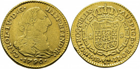 Nuevo Reino. 2 escudos. 1790 el 9 sobre un 8. JJ. Escasa