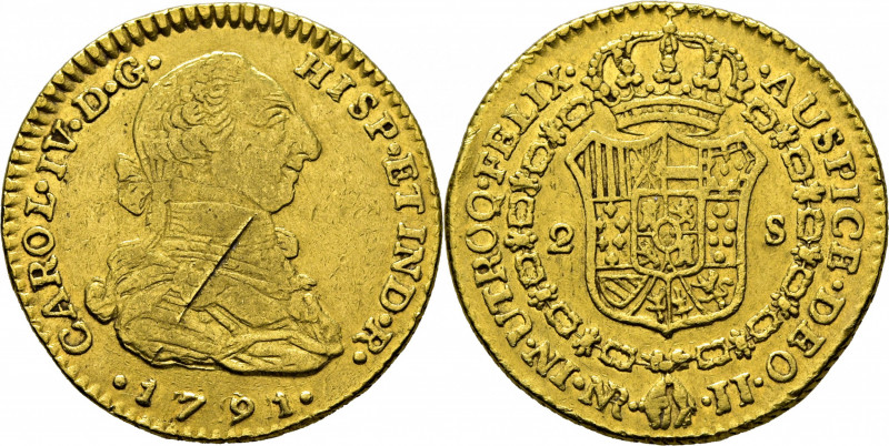 CARLOS IV. Nuevo Reino. 2 escudos. 1791 rectificado sobre 791. JJ. Con busto de ...