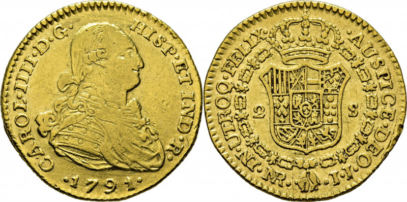 CARLOS IV. Nuevo Reino. 2 escudos. 1791. JJ. Primer año de busto propio y ordina...