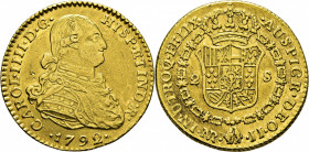 Nuevo Reino. 2 escudos. 1792. JJ. Atractivo. Notable reverso. Escasa