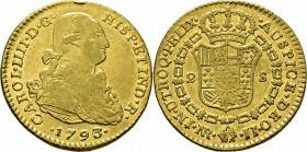 Nuevo Reino. 2 escudos. 1793 sobre 2. JJ. Prácticamente EBC-. Atractivo. Escasa