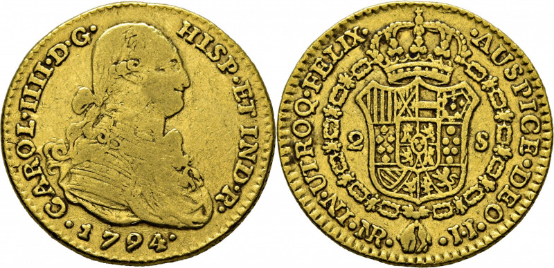 CARLOS IV. Nuevo Reino. 2 escudos. 1794. JJ. Cy14193. Marquitas y rayitas. Canto...