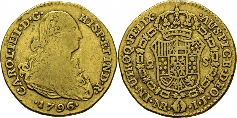 CARLOS IV. Nuevo Reino. 2 escudos. 1796. JJ. Cy14205. Marquitas. Canto perdido e...