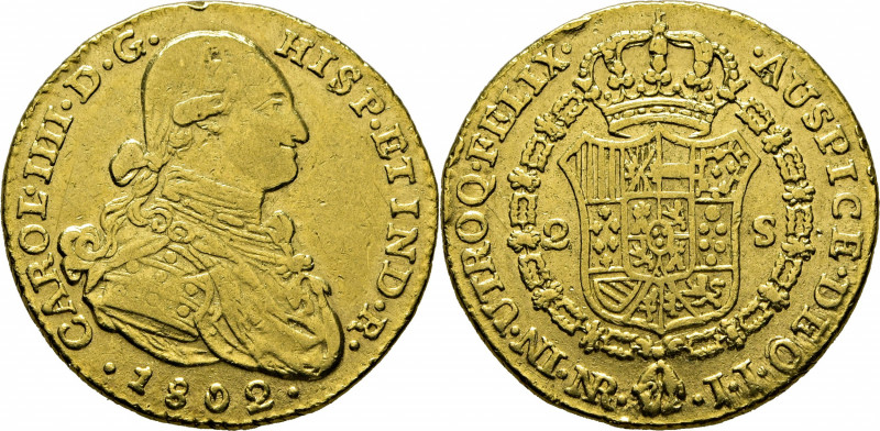 CARLOS IV. Nuevo Reino. 2 escudos. 1802. JJ. Cy no cita. Marquitas y rayitas. Ca...