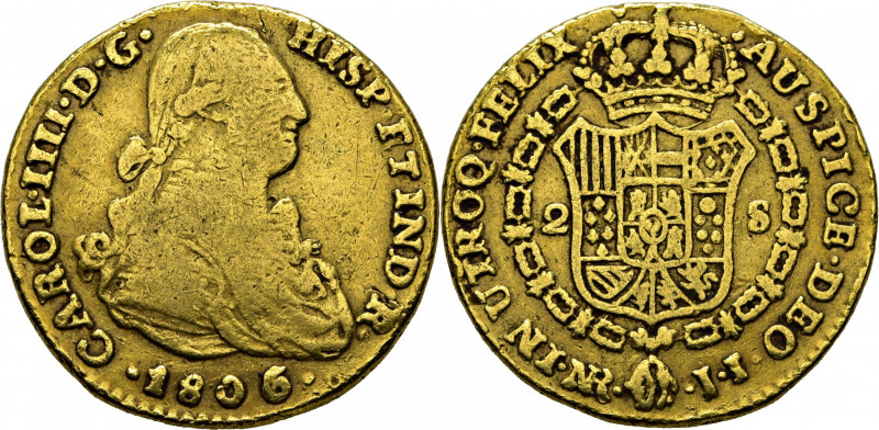 CARLOS IV. Nuevo Reino. 2 escudos. 1806 sobre 5. JJ. Cy no cita. Sirvió de joya....