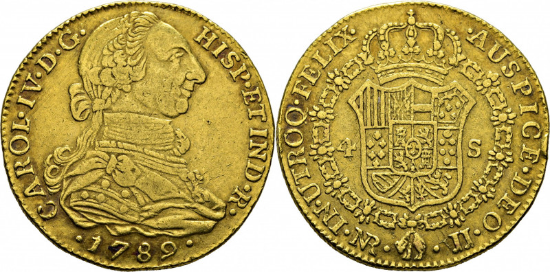 CARLOS IV. Nuevo Reino. 4 escudos. 1789. JJ. Primer año, con busto de Carlos III...