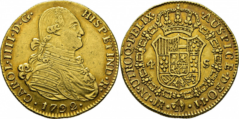 CARLOS IV. Nuevo Reino. 4 escudos. 1792. JJ. Primer año de busto propio y ordina...