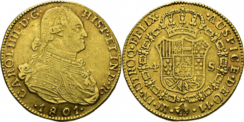 CARLOS IV. Nuevo Reino. 4 escudos. 1801. JJ. Cy14396. Sirvió de joya. Marquitas....