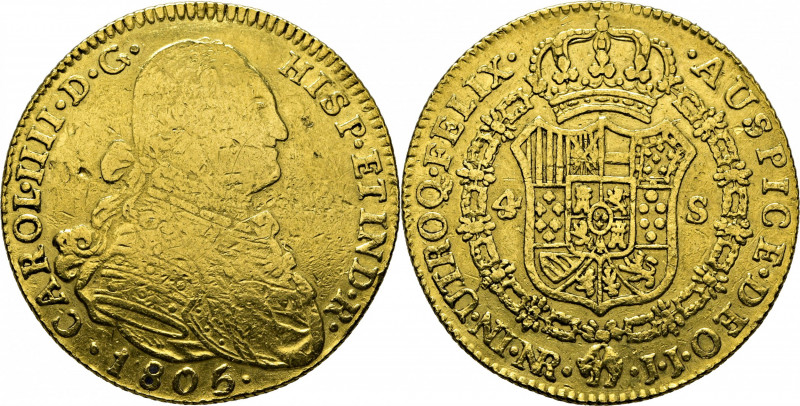 CARLOS IV. Nuevo Reino. 4 escudos. 1805. JJ. Cy14420. Sirvió de joya, probableme...