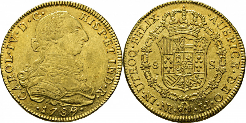 CARLOS IV. Nuevo Reino. 8 escudos. 1789 sobre 89. JJ. Primer año, con busto de C...