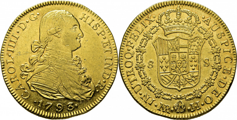 CARLOS IV. Nuevo Reino. 8 escudos. 1793. JJ. Cy14448. Marquitas en anverso. Algu...