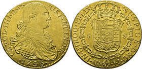 Nuevo Reino. 8 escudos. 1795. JJ. Casi EBC-/EBC. Buen ejemplar. Escasa