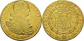 Nuevo Reino. 8 escudos. 1799. JJ. EBC+/SC-. Bello ejemplar. Soberbio reverso. Muy rara