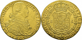 Nuevo Reino. 8 escudos. 1802 sobre 02. JJ. MBC+/EBC-