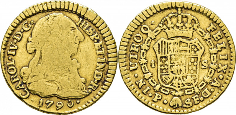 CARLOS IV. Popayán. 1 escudo. 1790. SF. Con busto de Carlos III y ordinal IV. Cy...