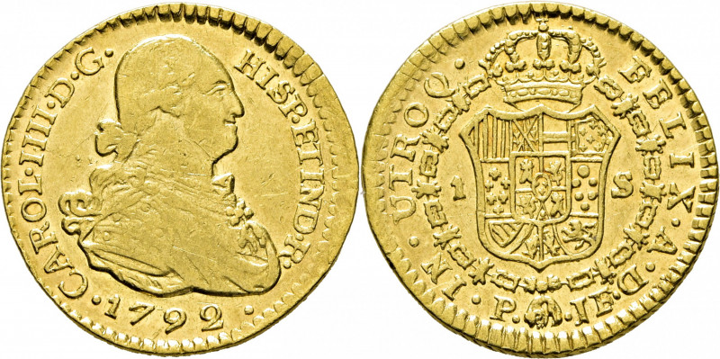 CARLOS IV. Popayán. 1 escudo. 1792. JF. Primer año de busto propio y ordinal III...