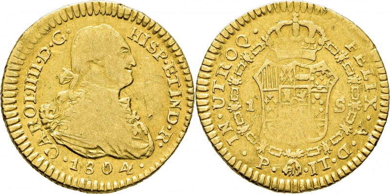 CARLOS IV. Popayán. 1 escudo. 1804. JT. Cy14113. Varias rayitas en anverso sobre...