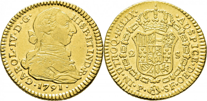 CARLOS IV. Popayán. 2 escudos. 1791. SF. Con busto de Carlos III y ordinal IV. C...