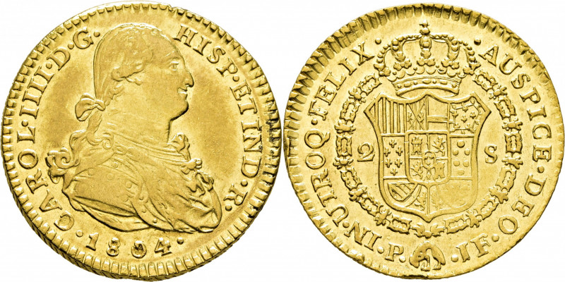 CARLOS IV. Popayán. 2 escudos. 1804. JF. Cy14275. Anverso ligerísimamente limpia...