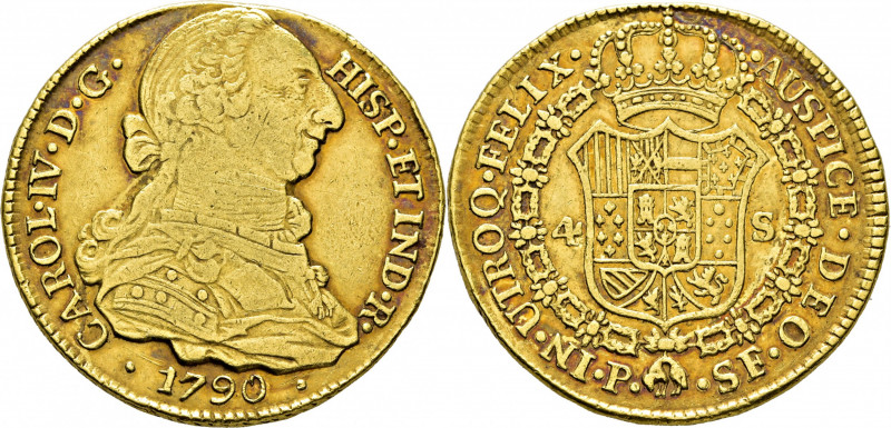 CARLOS IV. Popayán. 4 escudos. 1790. SF. Moneda tipo, único año con busto de Car...