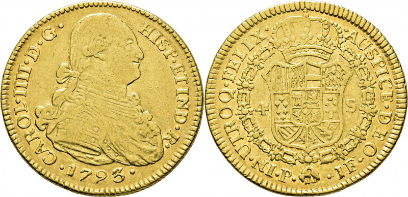 CARLOS IV. Popayán. 4 escudos. 1793. JF. Cy14344. Abundantes marquitas, una más ...